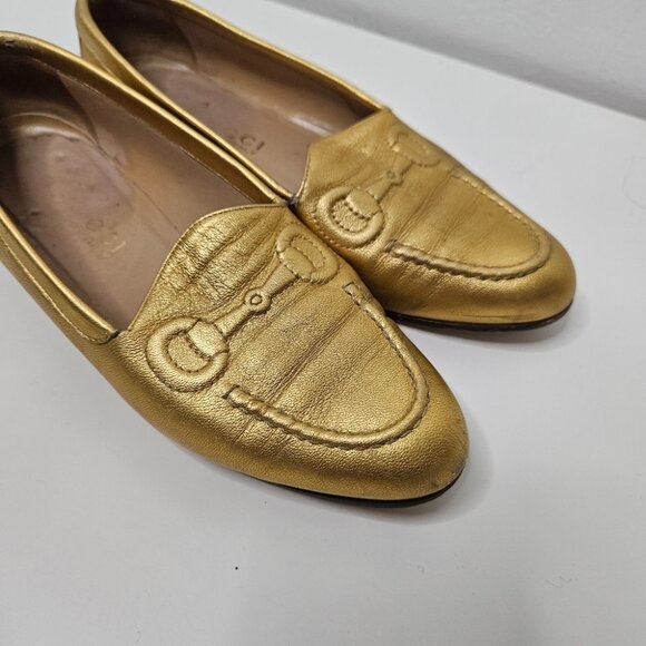 GUCCI Gold Leather Horsebit Penny  Loafers Flats Sz 6.5 / 37 EUR Designer Italy - Picture 2 of 13